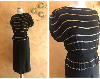 Vintage 1940s Black Crepe Studded Peplum Dress - size S/M