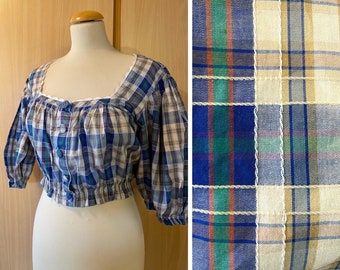 Vintage 1950s Style Plaid Print Cotton Peasant Blouse Top - Plus Size L/XL