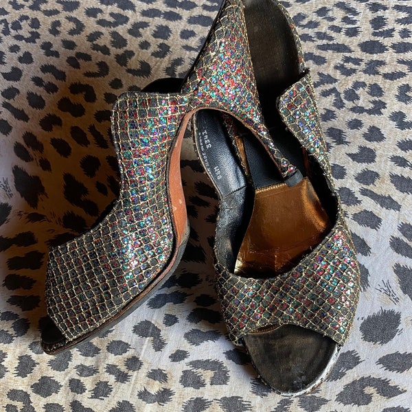 Vintage 1950s Confetti High Heels Stiletto Spring-o-lators Mules - Size 8US