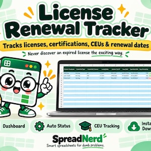 May include: A digital License Renewal Tracker spreadsheet template displayed on a laptop screen, featuring a cartoon character holding a pencil. The interface includes columns for employee names, credential types, license numbers, and expiration dates.