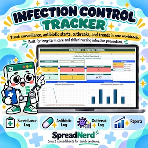 May include: An Infection Control Tracker workbook displayed on a laptop screen, featuring a dashboard with data tables, charts, and a color key. A cartoon character with glasses and a stethoscope stands beside the screen. Text includes "Infection Control Tracker" and "SpreadNerd".