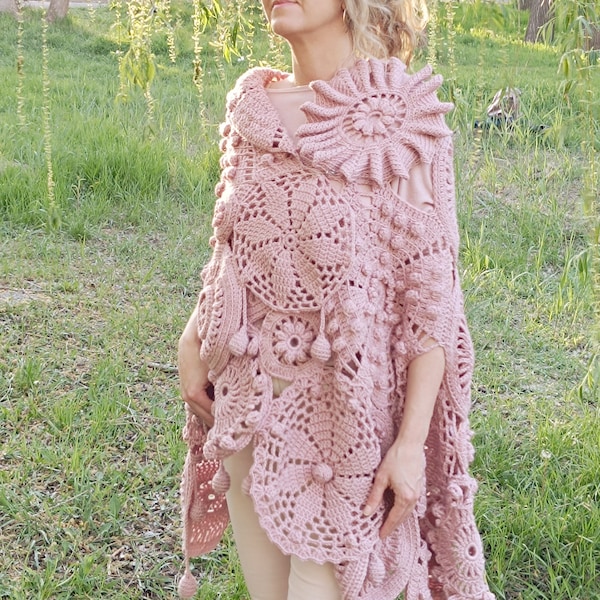 Crochet Medallion Shawl: Elegant Acrylic Fashion Scarf Pink milk tippet