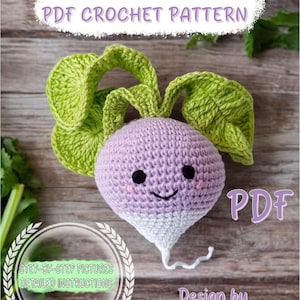 May include: A crochet pattern for a purple turnip with green leaves. The pattern includes step-by-step pictures and detailed instructions. The pattern is available as a PDF download. "TURNIP PDF CROCHET PATTERN" and "PDF" are written on the image. "Design by Magic Crochet By Helena" is also written on the image.