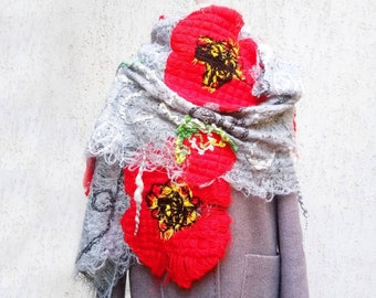 Grey shawl. Poppy, Crazy wool scarf, Gift fir her, Romantic shawl with poppies