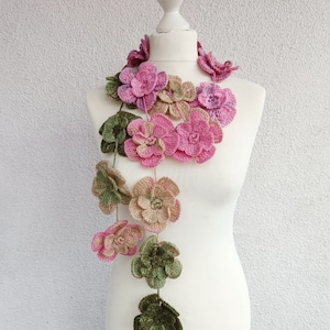 Crochet Flower Scarf: Pink Floral colorful Necklace, Unique Women&#39;s Accessory