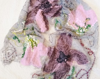 Grey scarf  with flowers, Crazy wool scarf, Gift for her, Romantic shawl