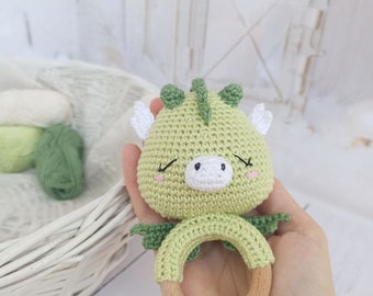 Crochet Dragon Baby Rattle Toy: Green Christmas Shower Baby Pregnancy Gift