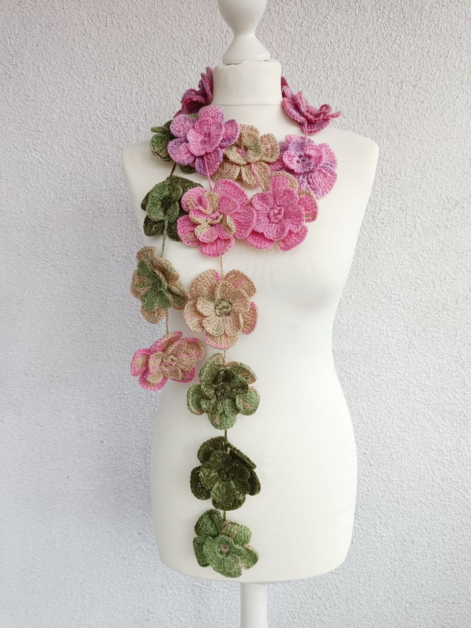 Crochet pink flower scarf Floral colorful necklace Gift for her mom grandmom Unique gifts Women accessories Mothers day gift