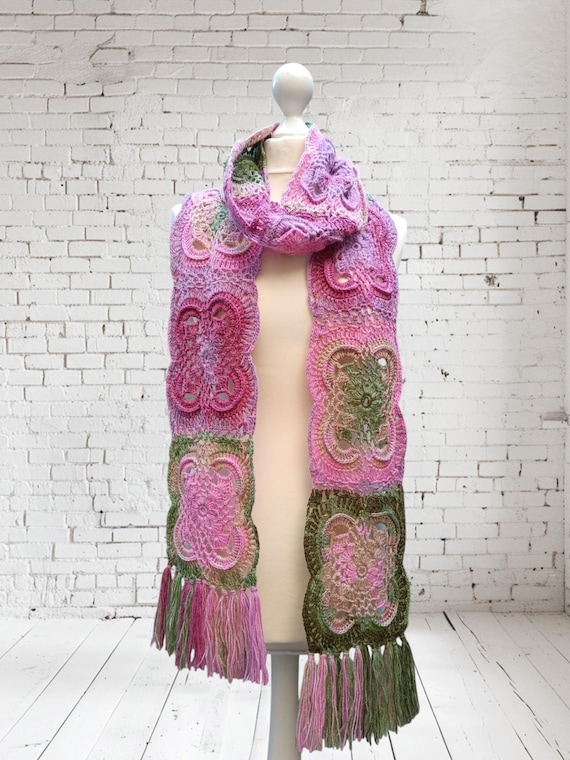 Crochet Granny Square Scarf: Pink Green Boho Style