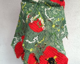 Green  shawl, red Poppy, Crazy wool scarf, Gift fir her, Romantic shawl with poppies