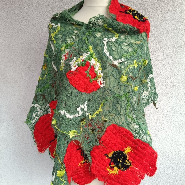 Green  shawl, red Poppy, Crazy wool scarf, Gift fir her, Romantic shawl with poppies