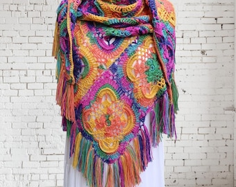Colorful Boho Crochet Shawl with Fringe, Vibrant Festival Wrap