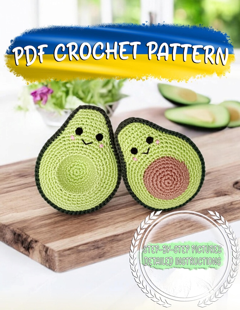 May include: A crochet pattern for making two avocado amigurumi plushies. The pattern includes step-by-step pictures and detailed instructions.  PDF CROCHET PATTERN.