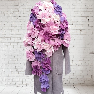 Crochet 3D flower scarf, Colorful romantic shawl, Autumn, Spring accessory, Unique gift for her, for mom