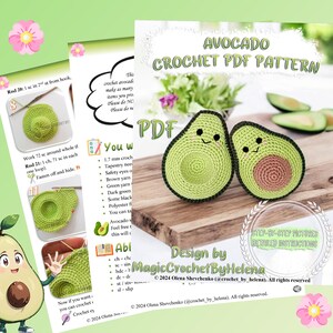 May include: Crochet pattern for making avocado amigurumi. The pattern includes step-by-step instructions and pictures. The pattern is designed by Magic Crochet By Helena.  The pattern is available as a PDF download.