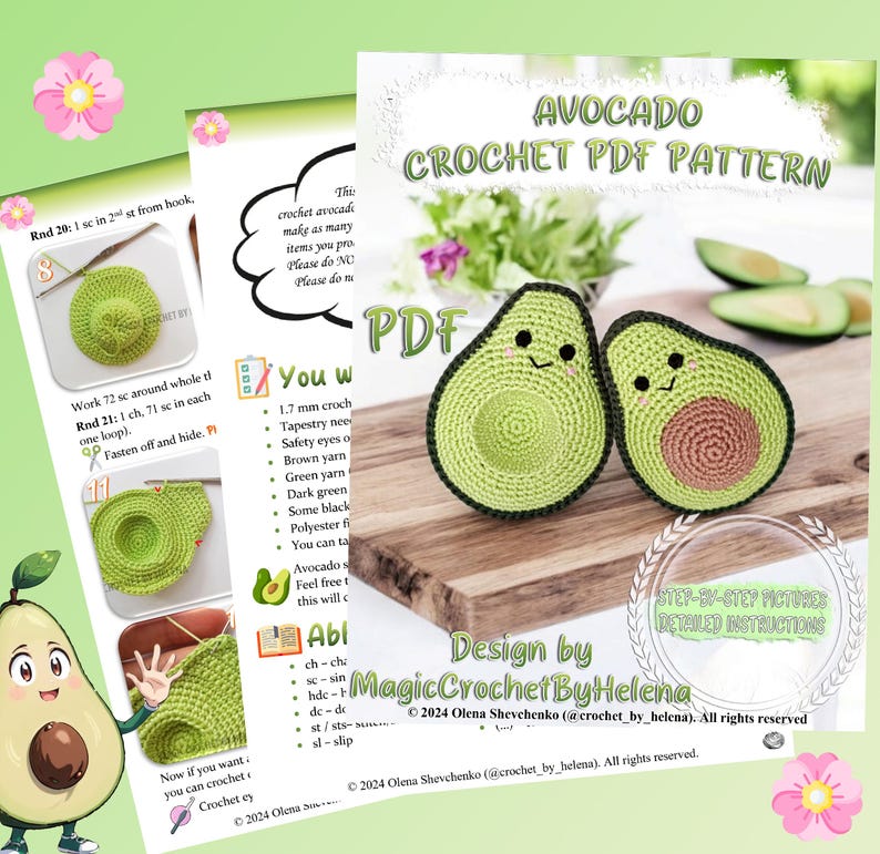 May include: Crochet pattern for making avocado amigurumi. The pattern includes step-by-step instructions and pictures. The pattern is designed by Magic Crochet By Helena.  The pattern is available as a PDF download.