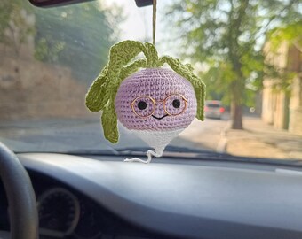 Crochet Turnip Car Charm: Kawaii Car Mirror Hanging Ornament