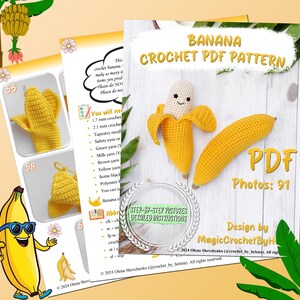 Puede incluir: Un patr&oacute;n de crochet para hacer un pl&aacute;tano. El patr&oacute;n incluye im&aacute;genes paso a paso e instrucciones detalladas. El patr&oacute;n est&aacute; dise&ntilde;ado por Magic Crochet ByH. El patr&oacute;n est&aacute; disponible para descargar en PDF. El PDF incluye 91 fotos.