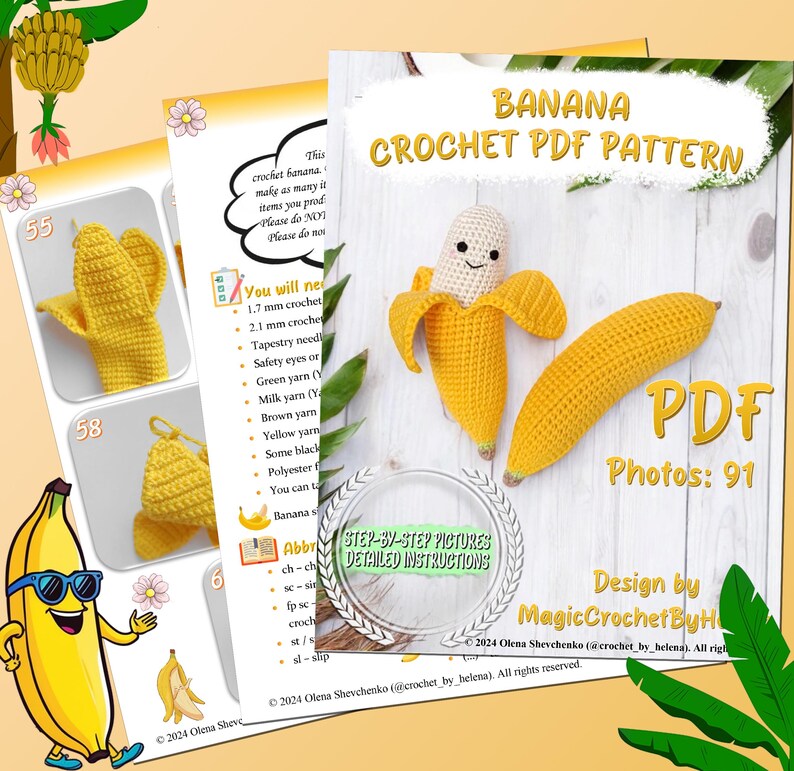 Puede incluir: Un patr&oacute;n de crochet para hacer un pl&aacute;tano. El patr&oacute;n incluye im&aacute;genes paso a paso e instrucciones detalladas. El patr&oacute;n est&aacute; dise&ntilde;ado por Magic Crochet ByH. El patr&oacute;n est&aacute; disponible para descargar en PDF. El PDF incluye 91 fotos.