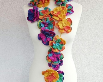 Crochet flower scarf Floral colorful necklace Gift for her mom grandmom Unique gifts Women accessories Mothers day gift
