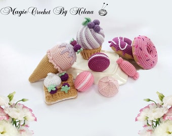 SET Bonbons alimentaires au crochet, décor de cuisine, beignets au crochet, meringue au crochet, cupcake au crochet, gaufres au crochet, macarons au crochet, crème glacée au crochet