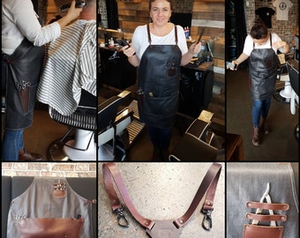 Apron made from leather and denim for Barbers, Hairdressers, Artist, Barista's, Florist