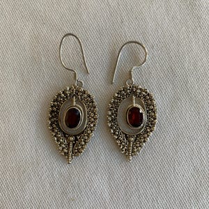 Vintage Bali sterling silver and garnet dangle earrings