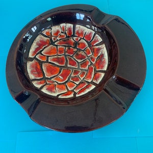 Vintage Mid Century modern tangerine/red and brown ceramic ash tray
