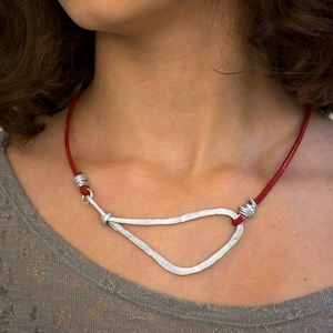 Valentines sale, Red Leather Necklace For Women, Asymmetric Pendant Necklace, Statement Short Necklace, Geometric Charm Choker.