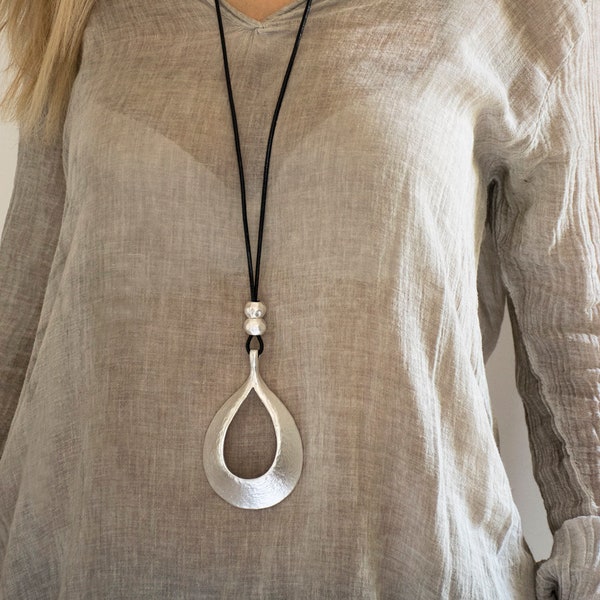 Long Pendant Necklace, Big Silver Pendant, Statement necklace, Large Necklace, Drop Shape Pendant, Classic Style, Fashion Long Necklace..