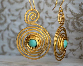 Gold Spiral Earrings With Turquoise Stones, Long Bohemian Earrings, Wrap Dangle Earrings, Lightweight Charm Earrings, Beaded Large Earrings