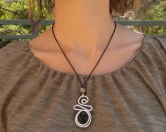 Glass Pendant, Wire Wrapped Necklace,Black Pendant Necklace, Spiral Design Necklace, Boho Necklace, Silver Necklace For Women, Charm.