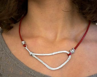 Valentines sale, Red Leather Necklace For Women, Asymmetric Pendant Necklace, Statement Short Necklace, Geometric Charm Choker.