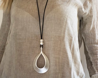 Long Pendant Necklace, Big Silver Pendant, Statement necklace, Large Necklace, Drop Shape Pendant, Classic Style, Fashion Long Necklace..