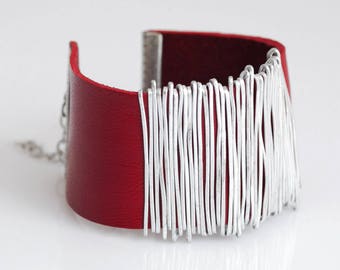 Valentine's gift, Red Leather Bracelet for Her, Statement Bracelet, Silver wrapped bracelet, Charm Bracelet, Silver Bracelet, Red Bangle.