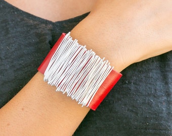 Wrap Leather Bracelet, Red Leather Bracelet, Leather Bangle, Statement Bracelet, Charm Bracelet, Silver Wrap Bracelet, Mother's Day Gift.