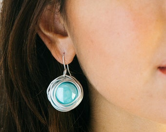 Turquoise Earrings, Dangle Round Earrings, Short Earrings, Silver Wrapped Earrings, Statement Earrings,  Charm Lightweight Earrings.