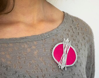 Silver Brooch, Fuchsia Leather Round Pin, Statement Brooch, Geometric Shape Pin, Hammered Wrap Silver Pin, Christmas Women Gift, Pink Pin.