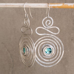 Dangle Beaded Earrings, Silver Spiral Large Earrings, Long Turquoise Bohemian Earrings, Wrap Dangle Earrings, Lightweight. image 4