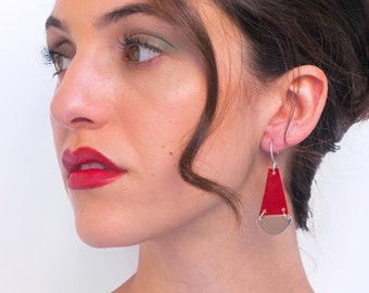 Red and silver dangle earrings, Silver Earrings, Minimalist lightweight earrings, Drop Statement earrings, Geometric design earrings.