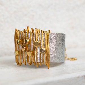 Women gift, Silver And Gold Leather Women Bracelet With Beads, Statement Leather Bracelet, Beaded Bracelet, Leather Band Bracelet image 1