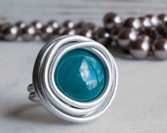 Turquoise Solitaire Ring, Unique Big Ring, Wrap Stone Ring, Statement Ring, Silver Ring, Women Ring, Round Ring, Wrap Silver ring.