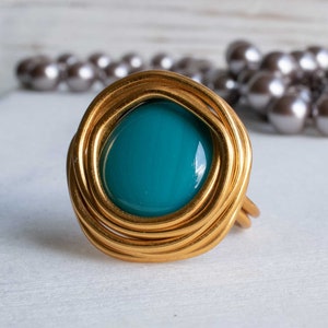 Black Friday sale, Gold Ring Turquoise Solitaire, Unique Big Ring, Wrap Stone Ring, Statement Ring, Gold Ring, Women Ring, Charm Round Ring.