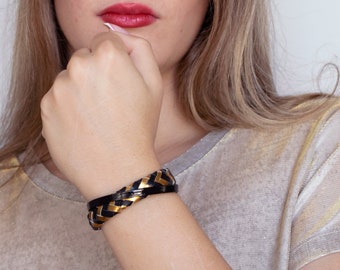 Black and gold leather bracelet, Braided Leather Bracelet, Women Statement Bracelet, Gold leather bracelet, Christmas gift.