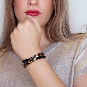 Black and gold leather bracelet, Braided Leather Bracelet, Women Statement Bracelet, Gold leather bracelet, Christmas gift. image 1