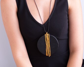 Long Necklace With Gold Pendant, Big Round Leather Pendant, Statement Gold Necklace, Big Pendant Necklace, Wrapped Pendant Large Necklace.
