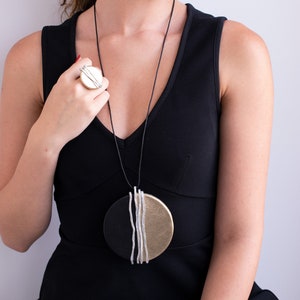 Long Statement Pendant Necklace, Big Round Pendant, Gold And Silver Pendant. Black Leather Pendant Necklace, Wrapped Big Pendant Necklace.
