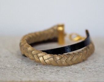 Black and Gold braided leather bracelet, Braided Leather Bracelet, Women Statement Bracelet, Gold Charm Bracelet, Christmas Gift.