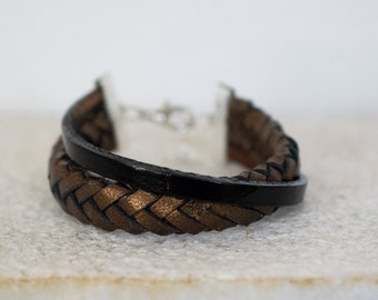 Black and Metallic Brown leather bracelet, Braided Leather Bracelet, Women Statement Bracelet, Silver Charm Bracelet, Christmas Gift.