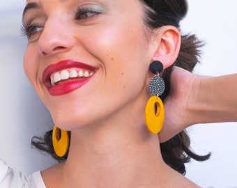 Minimalist Long earrings, Oversized Leather and wood earrings, Yellow Statement earrings, Circle beads earrings, Dangle large earrings.